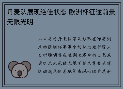 丹麦队展现绝佳状态 欧洲杯征途前景无限光明