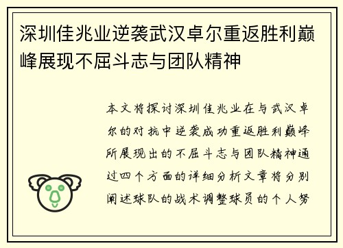 深圳佳兆业逆袭武汉卓尔重返胜利巅峰展现不屈斗志与团队精神