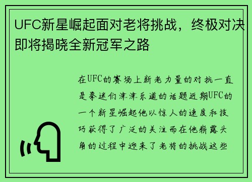 UFC新星崛起面对老将挑战，终极对决即将揭晓全新冠军之路