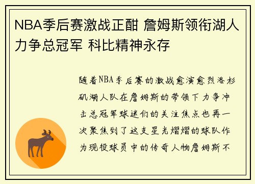 NBA季后赛激战正酣 詹姆斯领衔湖人力争总冠军 科比精神永存