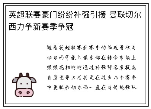 英超联赛豪门纷纷补强引援 曼联切尔西力争新赛季争冠
